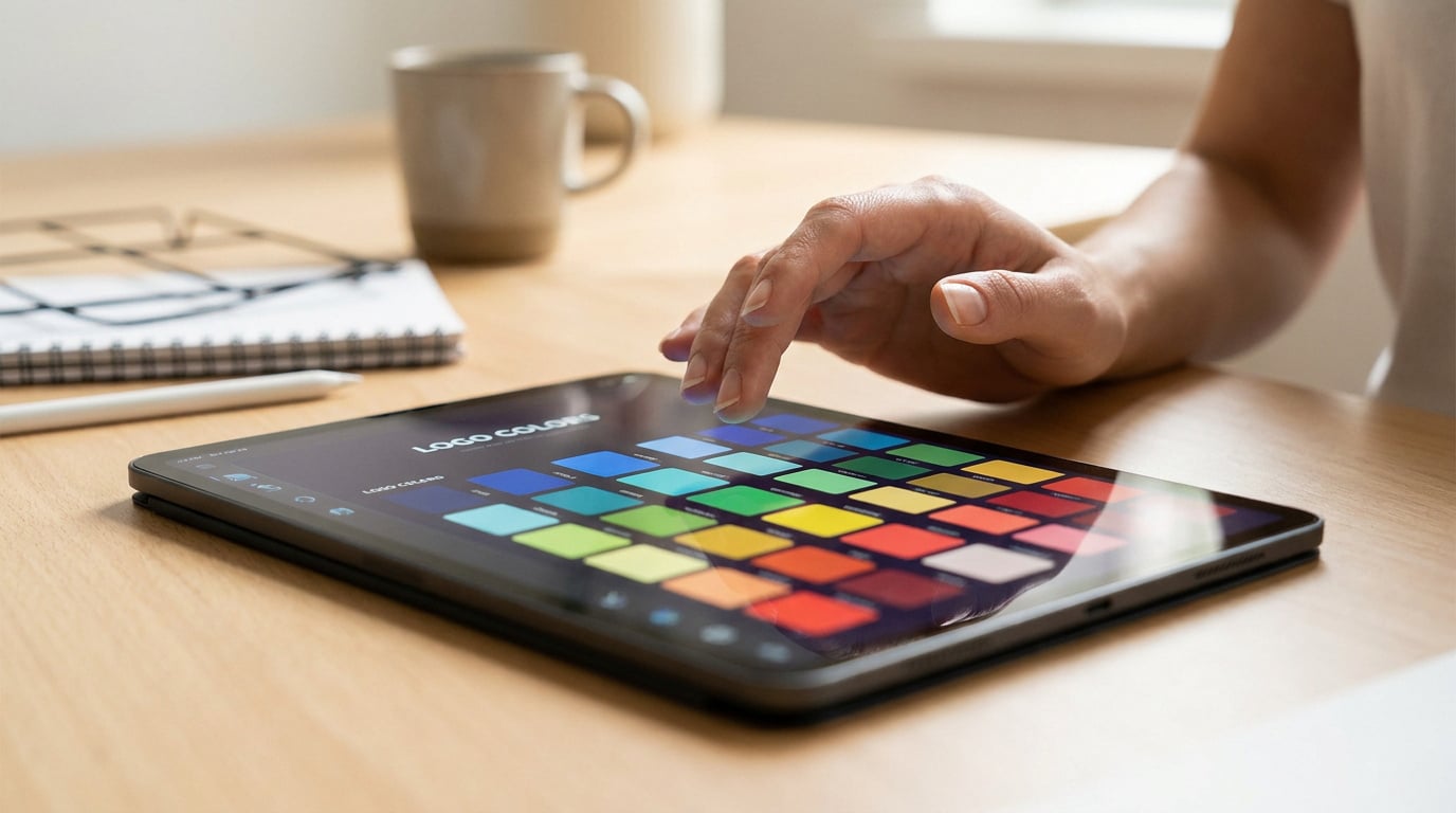 Une personne utilise une tablette pour sélectionner des couleurs de logo parmi une palette variée sur un bureau en bois.