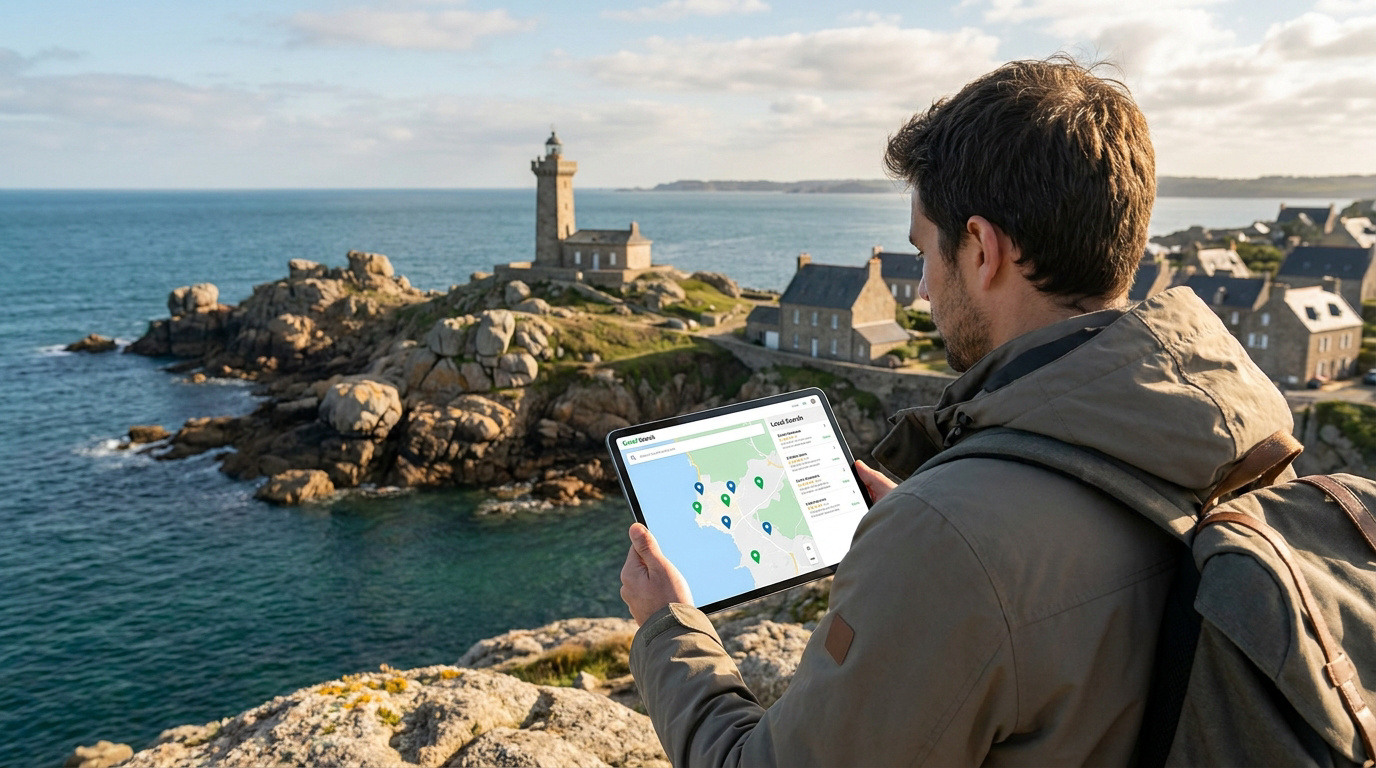 Un homme regarde une carte avec des repères de localisation sur sa tablette face à un phare breton et la mer.