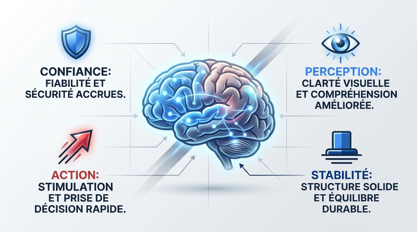 Schéma illustrant l'impact des couleurs sur les zones du cerveau et le comportement des consommateurs