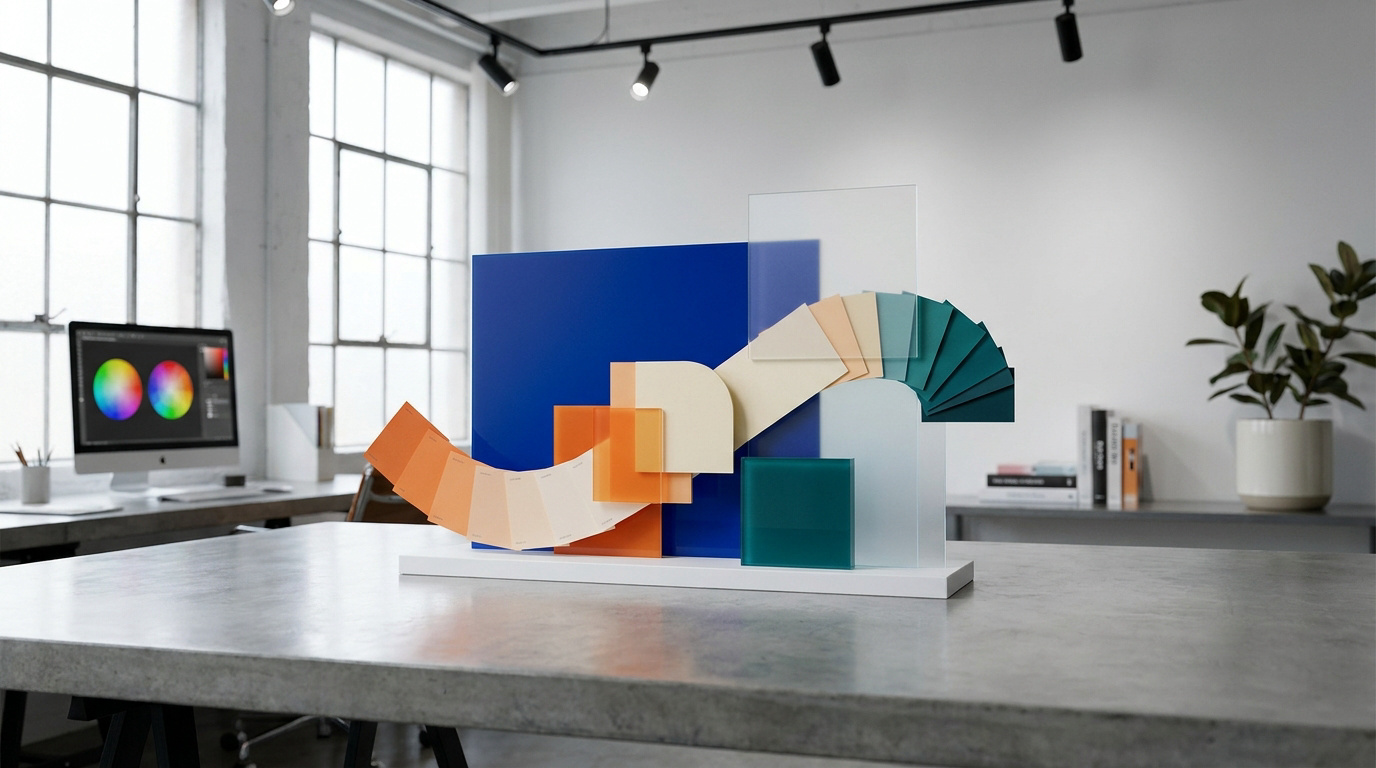 Composition artistique de nuanciers de couleurs sur un bureau dans un studio de design moderne.