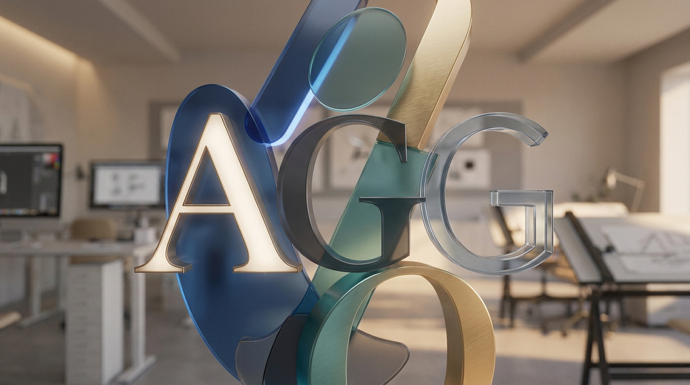 Lettres 3D stylisées en verre et métal flottant dans un bureau de design.