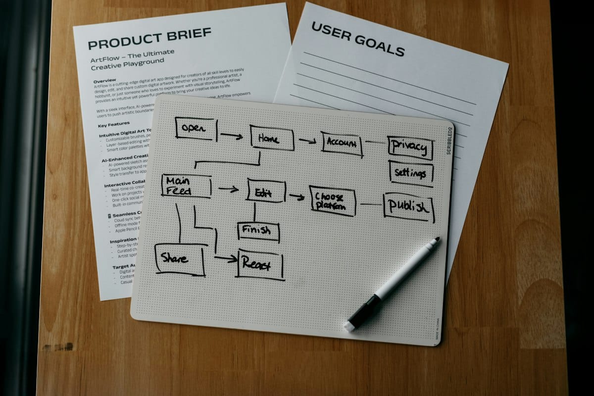 Schéma de workflow avec brief produit et objectifs utilisateurs, comme point de départ d'un cahier des charges de site web